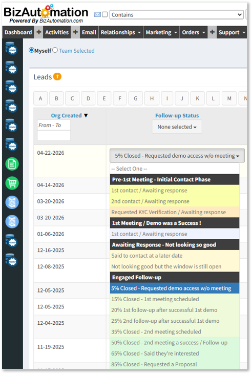 BizAutomation Simple CRM Follow Up List Interface with Color-Coded Statuses