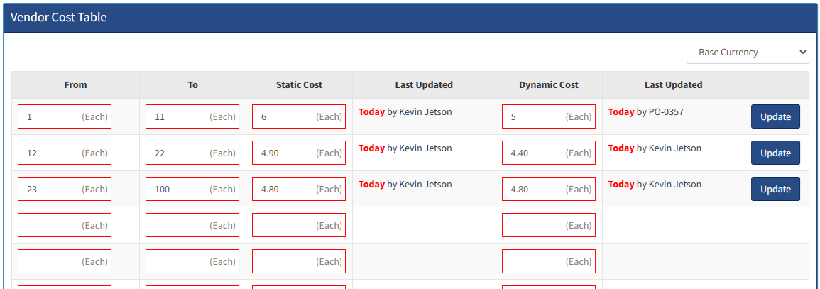 Automated Cost Plus Pricing Dashboard and Vendor Cost Table Rules